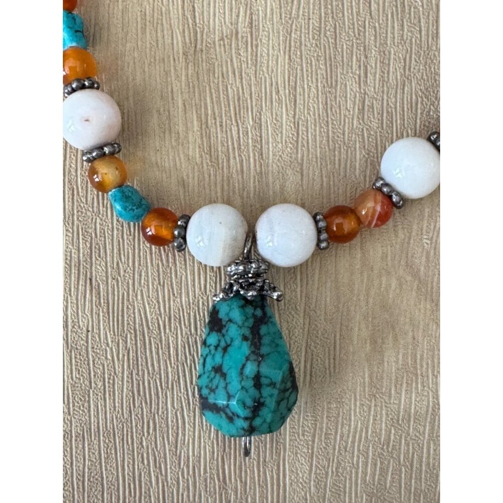 Vintage Tiger Eye Beaded Necklace Turquoise Pendant 32 Inches Stone Metal - Picture 4 of 11